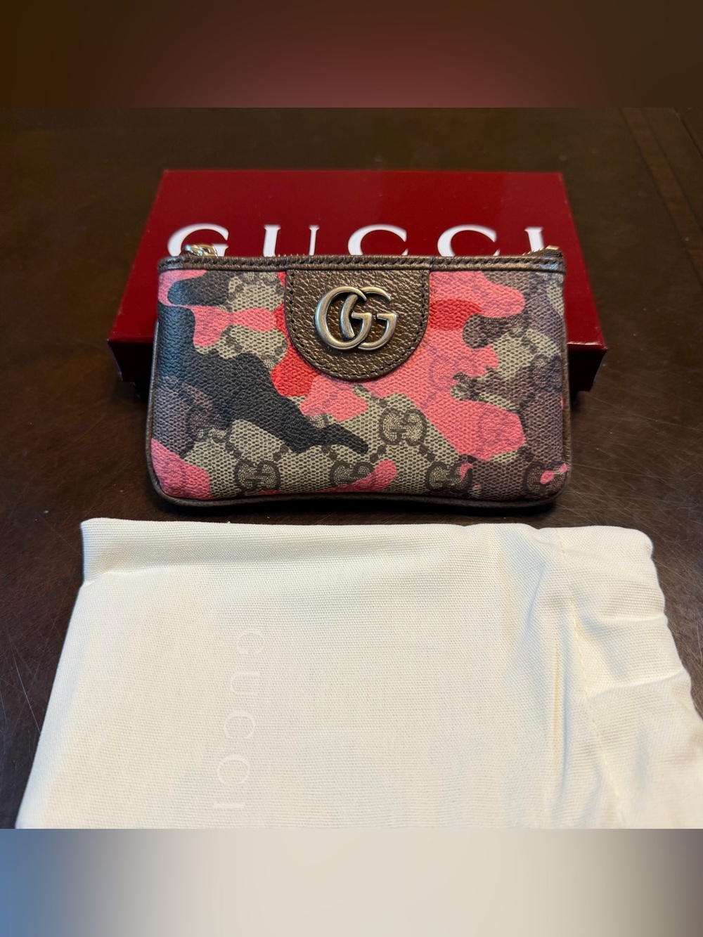 New Authentic Gucci GG Supreme Coin Bag Pouch Tan Pink
